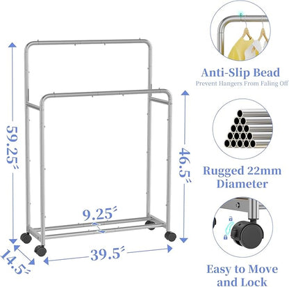 Simple Trending Clothing Clothes Rack Double Rods with Wheels, Rolling Metal Garment Rack for Hanging, Silver