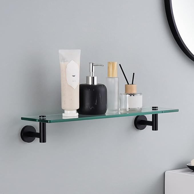KES Bathroom Glass Shelf with 8 MM-Thick Tempered Glass and SUS 304 Stainless Steel Matte Black Brackets 20-Inch Rectangular Rustproof Storage Organizer Wall Mount, A2021-BK