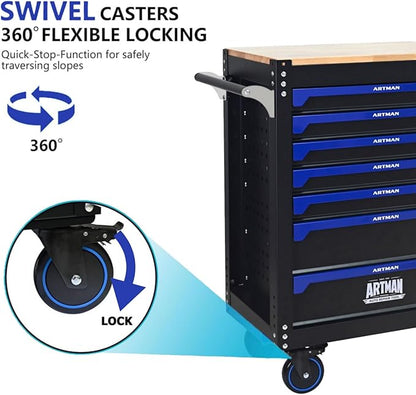 30 inch 7-Drawer Rolling Tool Chest with Wheels, Wood Countertop Heavy Duty Tool Cart, Locking System, Rolling Cabinet for Garage Warehouses, Repair Shops - Requires Assembly (Black&Blue)