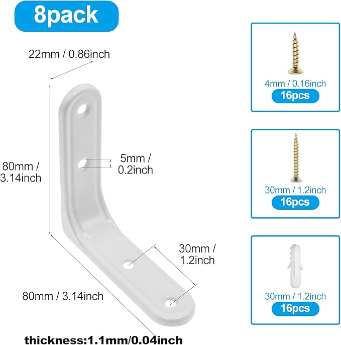 8pcs 3 Inch Heavy Duty L Brackets - 90 Degree Wall Mount Right Angle Corner Braces for Shelves, Wood, Cabinets - White Powder Coated Steel Shelf Supports with Mounting Screws Included