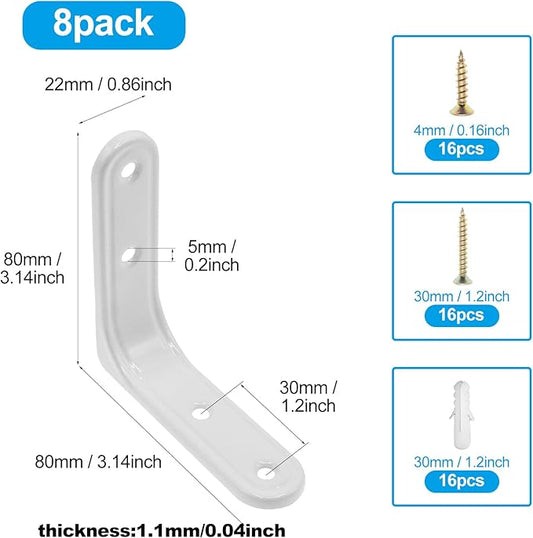 8pcs 3 Inch Heavy Duty L Brackets - 90 Degree Wall Mount Right Angle Corner Braces for Shelves, Wood, Cabinets - White Powder Coated Steel Shelf Supports with Mounting Screws Included