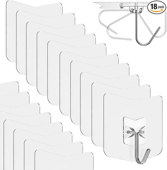 Heavy Duty Adhesive Hooks 18 Pack - Holds 15 lbs, No Drill Stick Plastic Hook Hangers for Hanging Towel Shower Bathroom, Kitchen, Cabinet - Strong Wall Hanger for Ornaments, Apartment Bedroom