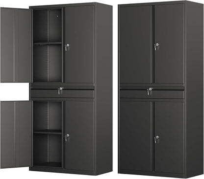 Metal Storage Cabinet with Drawer, Garage Storage Cabinet with Locking Doors and Adjustable Shelves for Garage, Home Office,Warehouse (Black)
