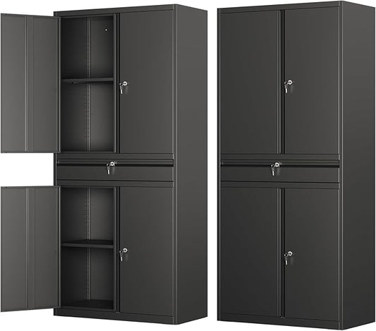 Metal Storage Cabinet with Drawer, Garage Storage Cabinet with Locking Doors and Adjustable Shelves for Garage, Home Office,Warehouse (Black)