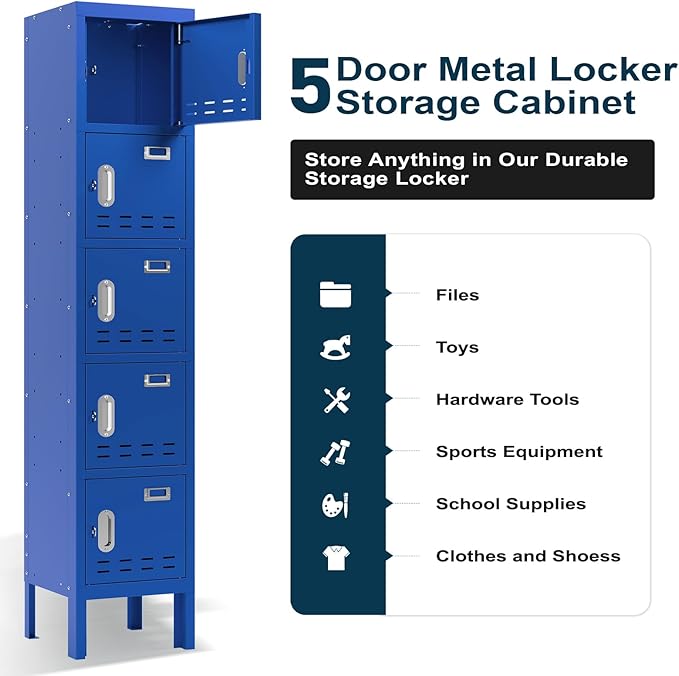 Metal Storage Locker with Lock & Card Slot Locker - Secure Lockable Door - Steel Locker for School, Office, Gym, Home - 66.15" H x 11.8" W x 11.8" D（5 Door, Blue）