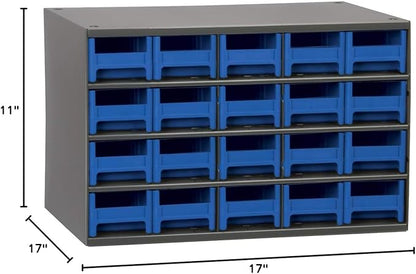 Akro-Mils Steel Garage Storage Cabinet, Small Parts Organizer Metal Cabinet for Hardware, Nails, Screws, Bolts, Nuts, and More, 17" W x 11" D x 11" H, 20-Drawer, Gray Cabinet/Blue Drawers (19320)