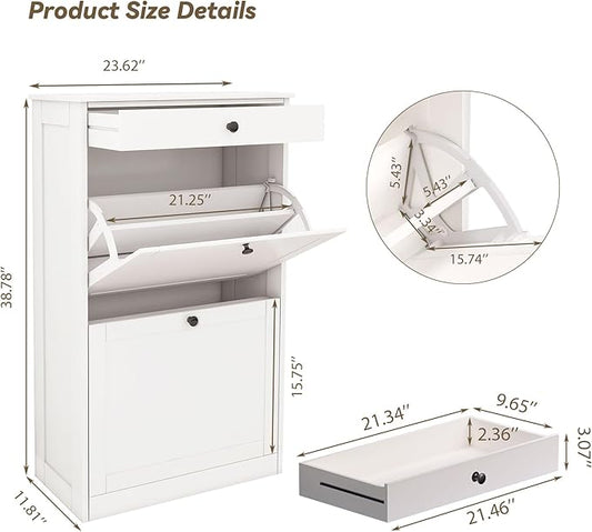 Shoe Cabinet with 2 Flip Drawers, Slim Freestanding Hidden Shoe Organizer with Drawer, Pet-Proof Shoe Storage Cabinet for Entryway Living Room Behind The Door, White