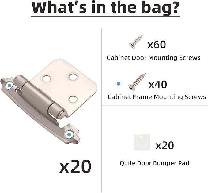DecoBasics Cabinet Hinges Brushed Nickel for Kitchen Cabinets Doors (10 Pair -20 Pcs) -1/2" Overlay (Variable) -Self Closing Kitchen Cabinet Hinges Flush Mount w/Silicon Bumpers & Hardware Screws