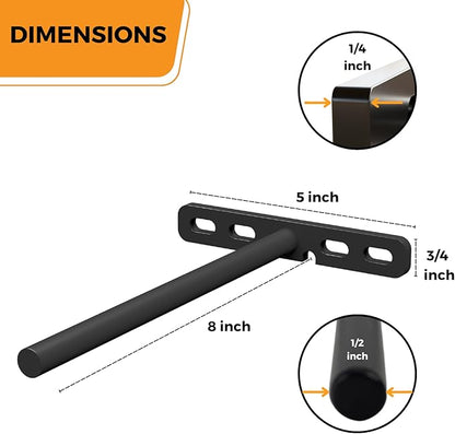 (Set of 4) 5 x 3/4 inch Floating Shelf Brackets Designed for 1 inch Thick Custom Shelves, Hidden Floating Shelf Hardware (8 inch Rod) Black