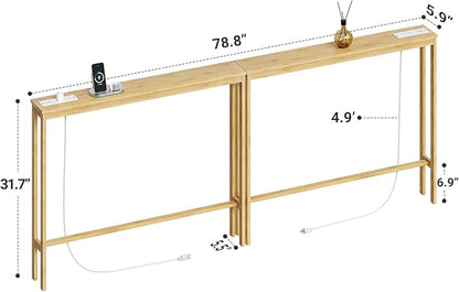 ELYKEN 2 Pack 5.9" Narrow Console Sofa Table with Power Outlets, 5.9" Dx39.4 Wx31.1 H Bamboo Behind Couch Table with Charge Station, Natrual