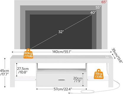 HOOBRO LED TV Stand with Power Outlets to 65 inch TV, Gaming Entertainment Center with Glass Shelves and Large Drawer, Modern Media TV Console Table for Living Room Bedroom, White WT14UDDS01