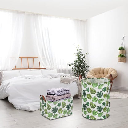 Round Green Laundry Hamper, Jungle Themed Nursery Decor, Tropical Pattern Basket, Monstera Room Decor,Waterproof Storage Bin, Gift Basket(Leaf)