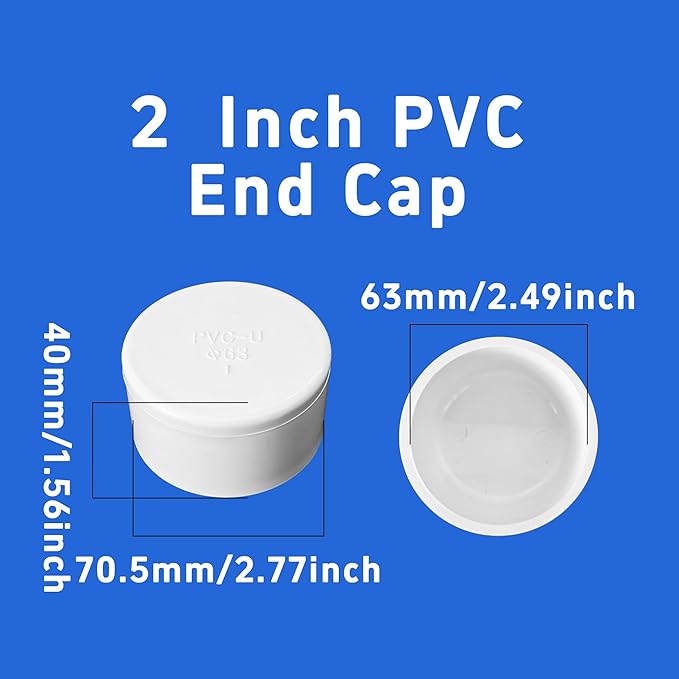 2PCS 2 Inch PVC End Caps(Not SCH40), White Furniture Grade Socket Plugs Adapter, PVC Pipe Fitting Covers for Greenhouse Frames & Shelving Systems(63mm Inner Diameter)