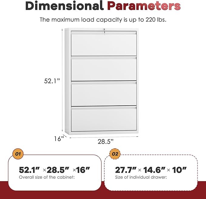 Bonusall File Cabinet, Lateral Filing Cabinet, 4 Drawer Metal File Cabinet with Lock, Lockable Filing Cabinet for Home Office, Hanging Files Letter/Legal/A4/F4 - White