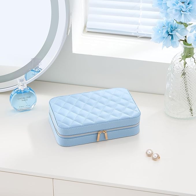Lolalet Travel Jewelry Case for Women Girls, Travel Jewelry Organizer Box with Mirror & Clear Storage Bag, Small Portable Earring Necklace Bracelet Ring Case, Birthday Valentine Gifts -Medium, Blue
