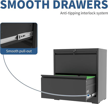 2-Drawer File Cabinet with Lock, Metal Lateral Filing Cabinets for Home Office, Heavy Duty Steel Horizontal Locking Office Storage Cabinet for Legal/Letter/A4 Size File, Assembly Required
