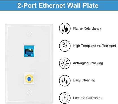 Iwillink 10Gbps Ethernet Wall Plate CAT6A, 2-Port Keystone Wall Plate and Jack Outlet, COAX Wall Plates with Single Gang Low Voltage Mounting Bracket - 2 Pack