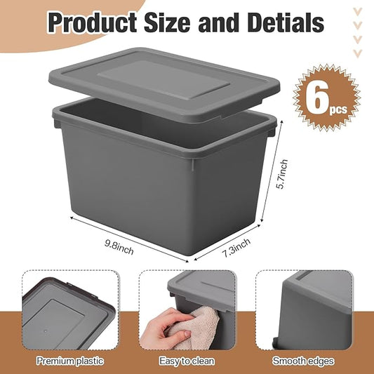 6 Pcs Pack Cute Plastic Storage Bins with Lids Decorative Stackable Storage Boxes 9.8" ×7.3" ×5.7" Small Storing Totes for Organizing Craft Office Supplies (Grey)