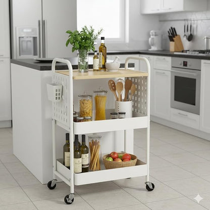 danpinera 3 Tier Rolling Cart with Wooden Table Top, White Rolling Utility Cart with DIY Pegboards & Locked Wheels, Easy Assembly for Nursery, Living Room, Studio
