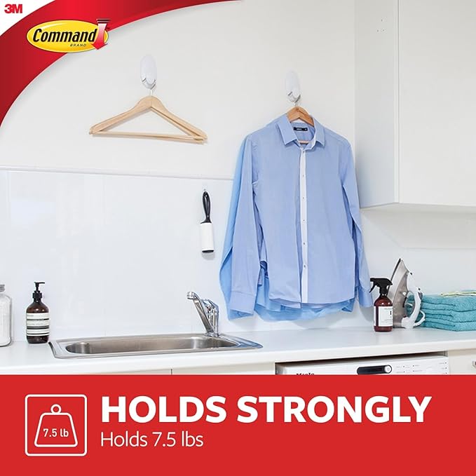 Command Clothes Hanger, Holds up to 7.5 lb, Sized for 3 Plastic Hangers or 7 Metal Hangers, 1 Wall Hook and 2 Strips, Extra Storage for Laundry Room, Bedroom and Closet