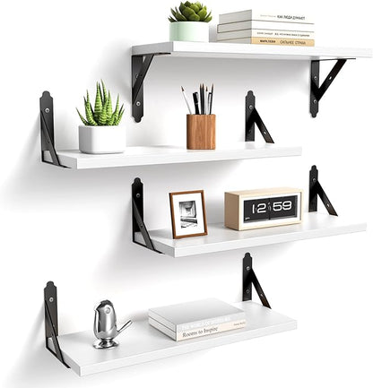 Wood Floating Shelves Set of 4, Rustic Storage Decor Wall Shelves, Wall Mounted Shelf for Living Room, Bedroom 17" x 6", White