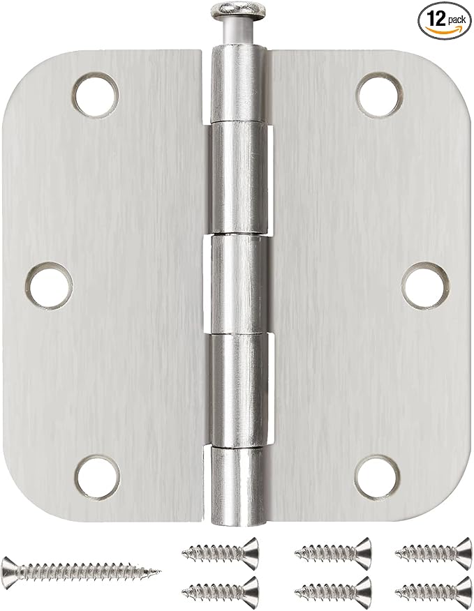 12 Pack Nickel Door Hinges Brushed Nickel 3 1/2 Interior Door Hinges Satin Nickel 3.5 Inch with 5/8” Radius Corners 3 ½"x 3 ½" Silver Hardware Controls JIW Garage Factory