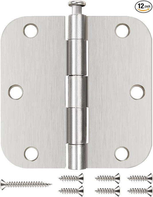 12 Pack Nickel Door Hinges Brushed Nickel 3 1/2 Interior Door Hinges Satin Nickel 3.5 Inch with 5/8” Radius Corners 3 ½"x 3 ½" Silver Hardware Controls JIW Garage Factory