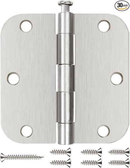 30 Pack Nickel Door Hinges Brushed Nickel 3 1/2 Interior Door Hinges Satin Nickel 3.5 Inch with 5/8” Radius Corners 3 ½"x 3 ½" Silver Hardware Controls JIW Garage Factory