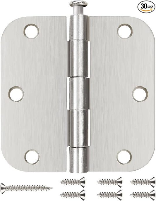 30 Pack Nickel Door Hinges Brushed Nickel 3 1/2 Interior Door Hinges Satin Nickel 3.5 Inch with 5/8” Radius Corners 3 ½"x 3 ½" Silver Hardware Controls JIW Garage Factory