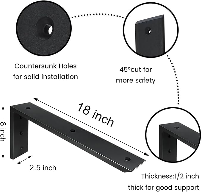 Countertop Support Bracket 4 Pack 18 inch Heavy Duty 1/2" Thick Black Black Granite Countertop Bracket 18"x8"x2.5" Shelf L Bracket Mantel Corbels for Quartz/Granite/Wood/Concret/Laminate Countertops
