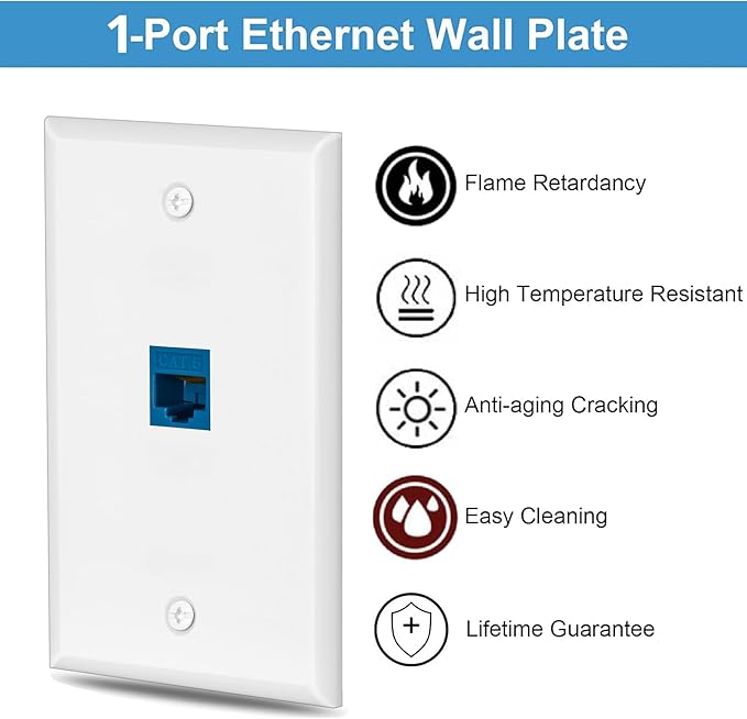4 Pairs Ethernet Wall Plate Cat6 1 Port Keystone Jack Wall Plate with RJ45 Coupler Outlet Connector and Single Gang Low Voltage Mounting Bracket