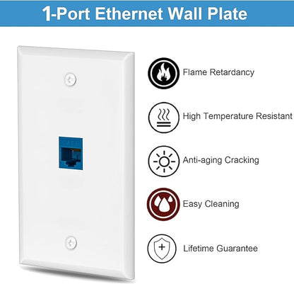 1 Pairs Ethernet Wall Plate Cat6 1 Port Keystone Jack Wall Plate with RJ45 Coupler Outlet Connector and Single Gang Low Voltage Mounting Bracket