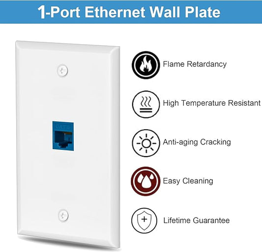 1 Pairs Ethernet Wall Plate Cat6 1 Port Keystone Jack Wall Plate with RJ45 Coupler Outlet Connector and Single Gang Low Voltage Mounting Bracket