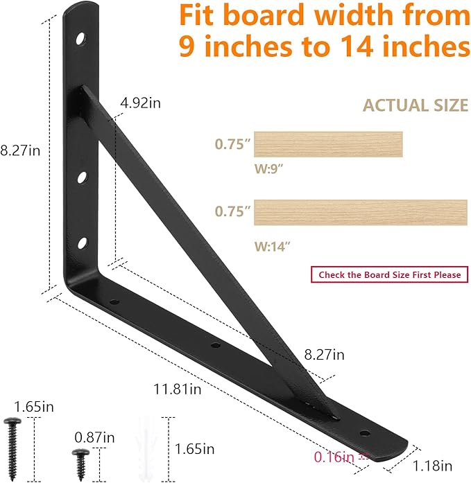 Heavy Duty Shelf Brackets 12 x 8 inches, 6 Pack Black Metal Shelves Supports, Load Capacity: 600 lb, Wall Mounted Angle L Floating Shelf Bracket, Rough Texture Powder Coating, HOME MASTER HARDWARE