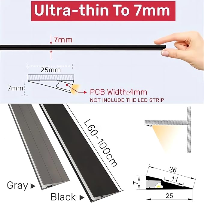 JARBIH 5Pack 1M/3.3ft Ultra-Thin Led Aluminum Profile, 45° Oblique Lighting Cabinet LED Lamp, Invisible H7mm Surface Mounted Wardrobe Layer Shelf Panel Hard Bar Strip Light Channel System(Black)