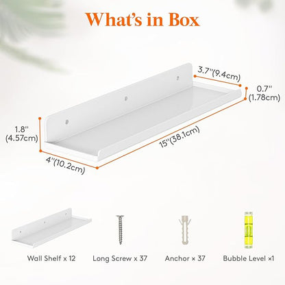 Lifewit Floating Shelves for Bathroom, 15" Clear Wall Organizer for Makeup, Perfume, Figures, Photo, Decor Shelf for Nursery, Living Room, Bedroom, Kitchen, Over Toilet Storage Rack, White, 12 Pack