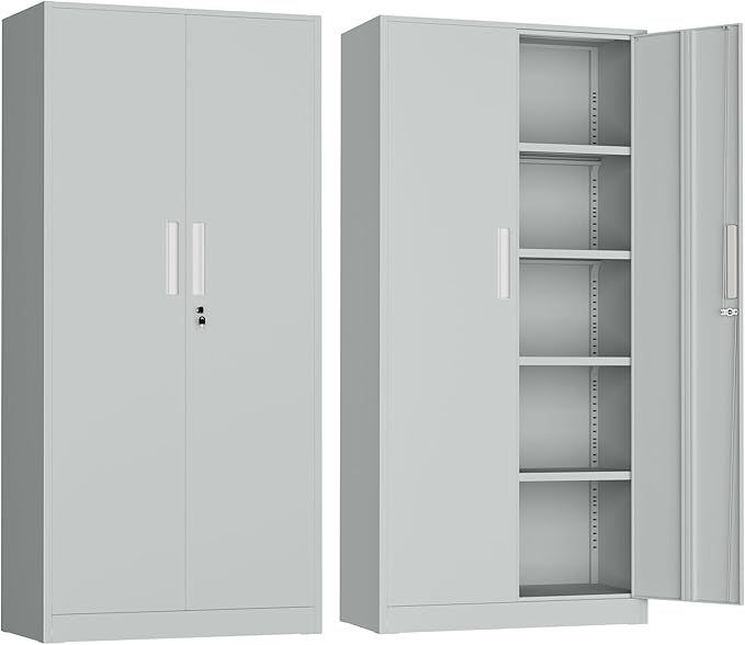 Metal Garage Storage Cabinet, 72” Lockable File Cabinets with 2 Doors and 4 Adjustable Shelves, Steel Tool Cabinets with Lock for Office, Home, Garage, Warm Grey