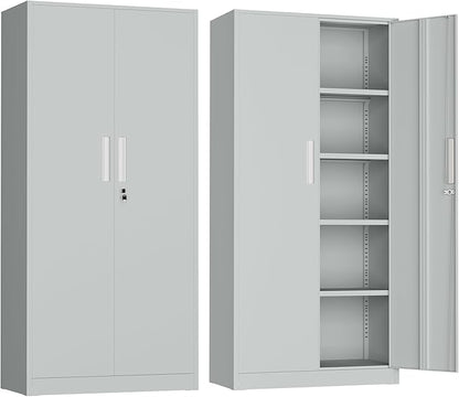 Metal Garage Storage Cabinet, 72” Lockable File Cabinets with 2 Doors and 4 Adjustable Shelves, Steel Tool Cabinets with Lock for Office, Home, Garage, Warm Grey