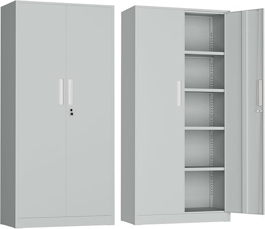 Metal Garage Storage Cabinet, 72” Lockable File Cabinets with 2 Doors and 4 Adjustable Shelves, Steel Tool Cabinets with Lock for Office, Home, Garage, Warm Grey