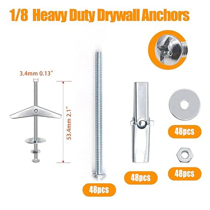 weideer 192Pcs Toggle Bolts 1/8" Heavy Duty Drywall Anchors and Screws Assortment Set Toggle Bolts and Wing Nut Kit with Nuts washers (48sets)