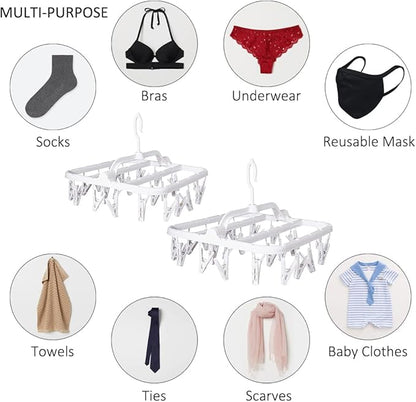 Foldable Plastic Hangers with 26 Drying Clips, Underwear Hanger with Clips, Plastic Laundry Clip and Drip Drying Hanger for Socks, Bras, Lingerie, Clothes, Sturdy, White, 2pc