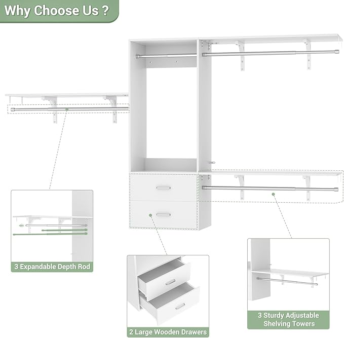 96" Closet System with 2 Wooden Drawers, 4-8ft Walk-in Closet Organizer System with 4 Hanging Rods,for Bedroom,Living Room,Garment Rack,White