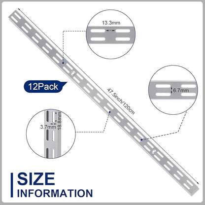 12 Pack 47 Inch Dual Track Upright Wall Shelving System Shelf Bracket Twin Slot Shelf Rail Twin Track Upright Heavy Duty Support System for Pantries, Linen Closets, Laundry Rooms (Silver)
