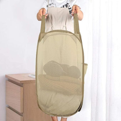 Mesh Popup Laundry Hamper, Foldable Laundry Basket Clothes Hamper for Home, Apartment, College Dorm or Travel, Collapsible for Storage, Beige