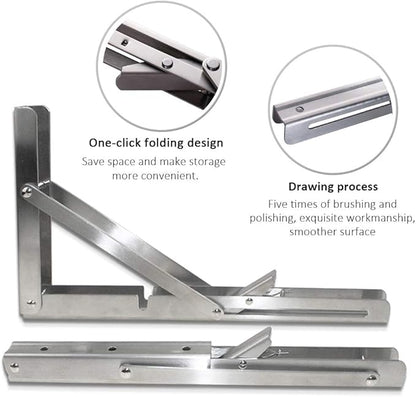 Storystore Folding Shelf Brackets - 16 Inch Heavy Duty Stainless Steel Collapsible Shelf Bracket for Bench Table, Space Saving DIY Bracket, Max Load: 550lb （2 PCS）