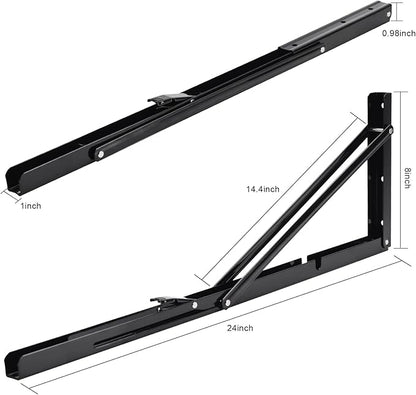 YUMORE Folding Shelf Brackets, 24 Inch Heavy Duty L Bracket, Black DIY Collapsible Shelf Bracket for Workbench Folding Table Hinge, Max Load: 330lb, Pack of 2