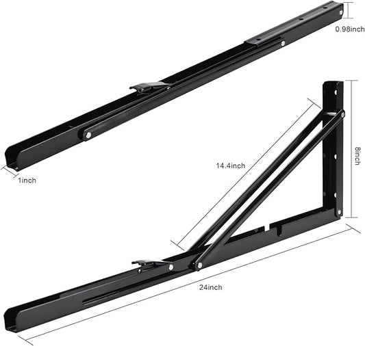 YUMORE Folding Shelf Brackets, 24 Inch Heavy Duty L Bracket, Black DIY Collapsible Shelf Bracket for Workbench Folding Table Hinge, Max Load: 330lb, Pack of 2