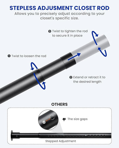 Closet Rods for Hanging Clothes, 17 to 69 Inches Stepless Adjustable Metal Closet Rod, 1.3 Inches Heavy Duty Clothes Hanging Rod for Closet Wardrobes Laundry RV, Black