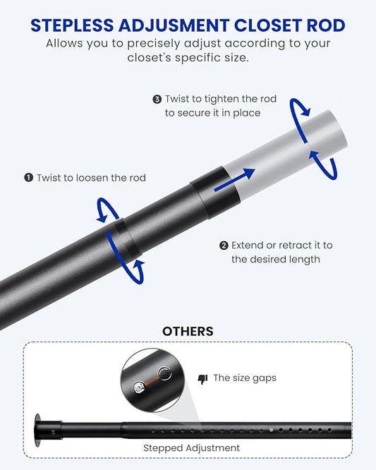 Closet Rods for Hanging Clothes, 17 to 54 Inches Stepless Adjustable Metal Closet Rod, 1.3 Inches Heavy Duty Clothes Hanging Rod for Closet Wardrobes Laundry RV, Black
