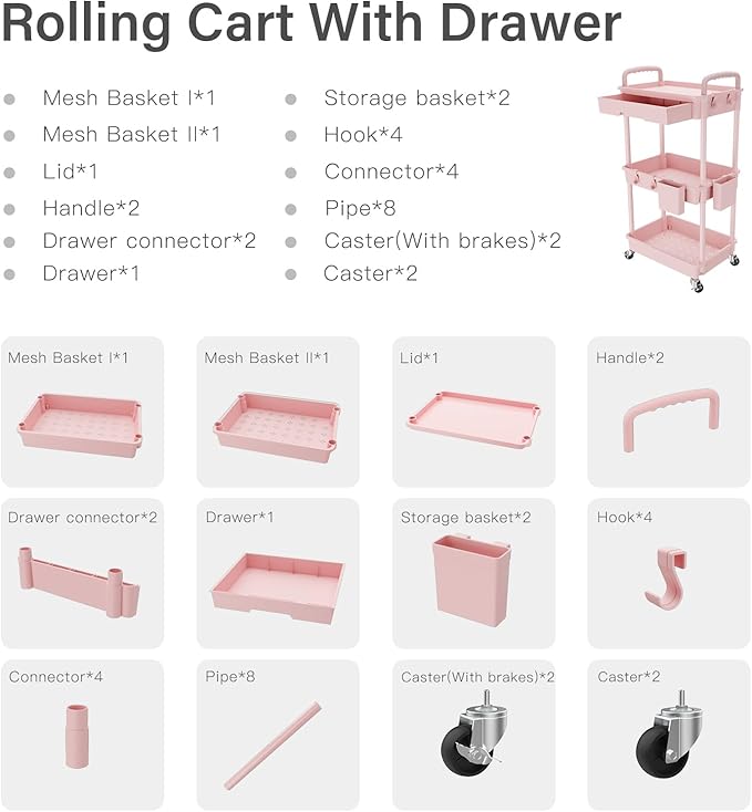 REBECAT 3 Tier Rolling Utility Cart with Drawer,Storage Cart,Rolling Cart for Kitchen,Bathroom,Living Room,Storage Organizer with Iron Wheels（Pink